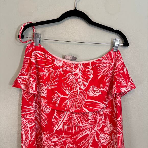 Asos Mini Shift Dress 10 Red White Leaf Ruffled Spaghetti Straps Tropical Summer - Picture 4 of 8